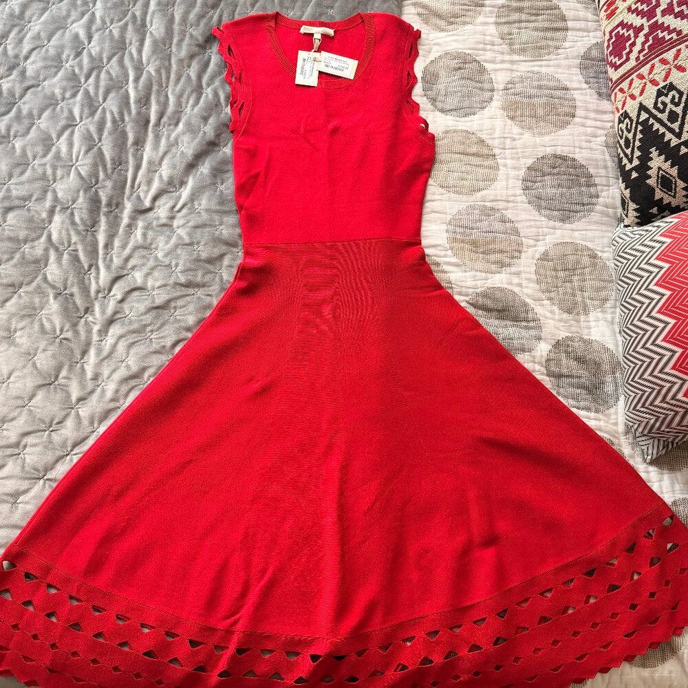 New, Red Maje Stretch Knit Dress with Scalloped Hem – Size T2 (FR8)